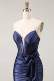 Navy Strapless Satin Corset Mermaid Prom Dress