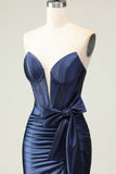 Navy Mermaid Ruched Strapless Prom Dress With Slit