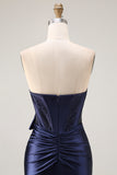Navy Strapless Satin Corset Mermaid Prom Dress