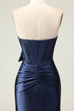 Navy Mermaid Ruched Strapless Prom Dress With Slit