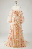 Floral Champagne A-Line Strapless Maxi Prom Dress With Removable Sleeves