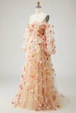 Floral Champagne A-Line Strapless Maxi Prom Dress With Removable Sleeves