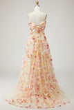 Floral Champagne A-Line Strapless Maxi Prom Dress With Removable Sleeves