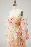 Floral Champagne A-Line Strapless Maxi Prom Dress With Removable Sleeves