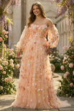 Champagne Floral A-Line Strapless Plus Size Prom Dress