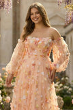 Champagne Floral A-Line Strapless Plus Size Prom Dress