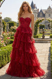 Sparkly Tiered Burgundy Strapless Sequin Prom Dress