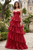 Sparkly Tiered Burgundy Strapless Sequin Prom Dress