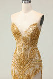 Golden Mermaid Beaded Strapless Prom Dress With Slit