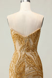 Golden Mermaid Beaded Strapless Prom Dress With Slit