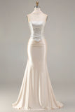 Champagne Satin Mermaid Beaded Strapless Prom Dress With Streamer