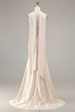 Champagne Satin Mermaid Beaded Strapless Prom Dress With Streamer