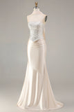 Champagne Satin Mermaid Beaded Strapless Prom Dress With Streamer
