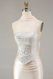 Champagne Satin Mermaid Beaded Strapless Prom Dress With Streamer