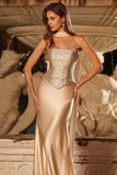 Sparkly Champagne Satin Mermaid Beaded Prom Dress