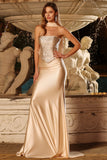 Sparkly Champagne Satin Mermaid Beaded Prom Dress