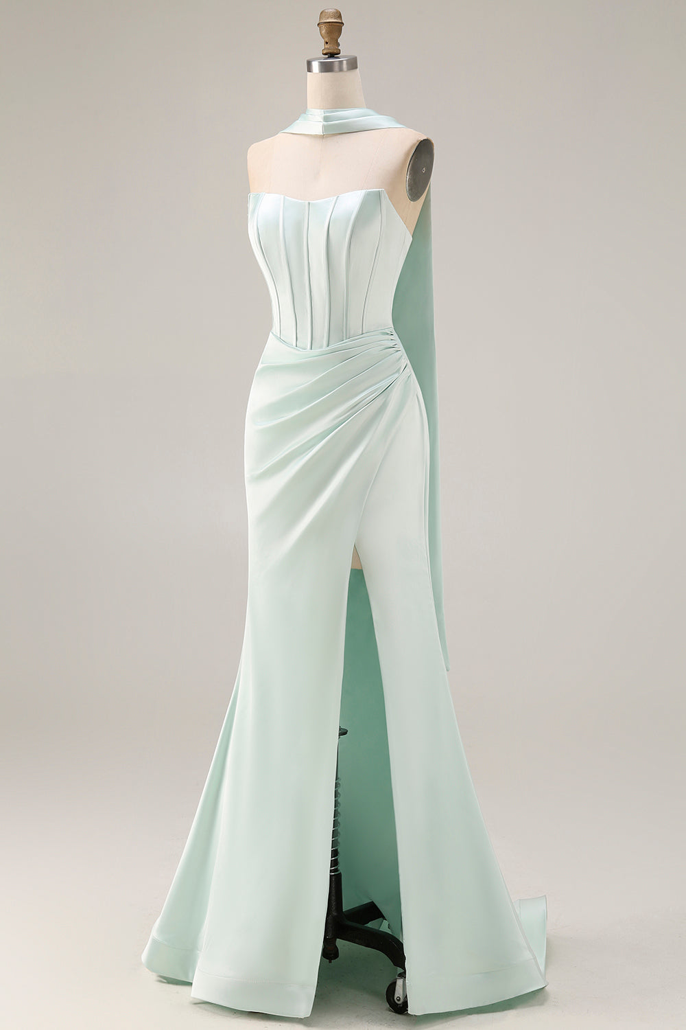 Berylove Women Light Green Strapless Prom Dress Corset Mermaid Satin Ruched Maxi Party Dress with Slit Berylove Women Light Green Strapless Prom Dress Corset Mermaid Satin Ruched Maxi Party Dress with Slit