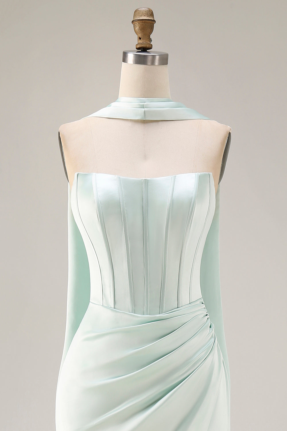 Berylove Women Light Green Strapless Prom Dress Corset Mermaid Satin Ruched Maxi Party Dress with Slit Berylove Women Light Green Strapless Prom Dress Corset Mermaid Satin Ruched Maxi Party Dress with Slit