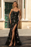 Black Purple Flower Sequin Embroidered Mermaid Prom Dress With Slit