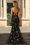 Black Purple Flower Sequin Embroidered Mermaid Prom Dress With Slit