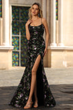 Black Purple Flower Sequin Embroidered Mermaid Prom Dress With Slit