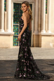 Black Purple Flower Sequin Embroidered Mermaid Prom Dress With Slit