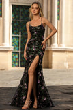 Black Purple Flower Sequin Embroidered Mermaid Prom Dress With Slit