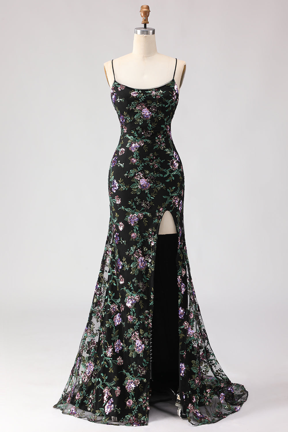 Berylove Women Black Purple Flower Prom Dress With Slit Mermaid Sequin Embroidered Maxi Party Dress With Lace Up Back, Black Purple Flower / US18W Berylove Women Black Purple Flower Prom Dress With Slit Mermaid Sequin Embroidered Maxi Party Dress With Lace Up Back, Black Purple Flower / US18W