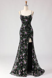 Black Purple Flower Mermaid Sequin Embroidered Prom Dress