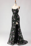 Black Purple Flower Mermaid Sequin Embroidered Prom Dress
