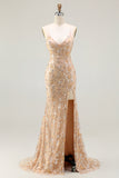 Sparkly Champagne Mermaid Spaghetti Straps Prom Dress With Slit