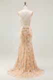 Sparkly Champagne Mermaid Spaghetti Straps Prom Dress With Slit