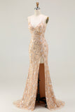 Sparkly Champagne Mermaid Spaghetti Straps Prom Dress With Slit