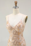 Sparkly Champagne Mermaid Spaghetti Straps Prom Dress With Slit