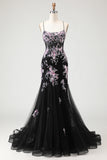 Black Pink Flower Mermaid Tulle Prom Dress with Appliques