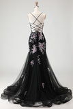 Black Pink Flower Mermaid Tulle Prom Dress with Appliques