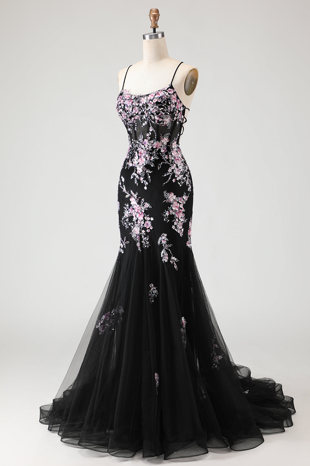 black and pink floral prom dress Hepburn Style Black Pink Bow Tie Flower Long Prom Dresses