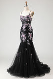 Black Pink Flower Mermaid Tulle Prom Dress with Appliques