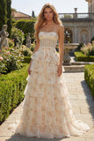 Strapless Pink Red Floral Corset Tiered Maxi Prom Dress