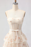 Strapless Pink Floral Corset A-Line Prom Dress With Ruffles