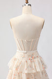 Strapless Pink Floral Corset A-Line Prom Dress With Ruffles
