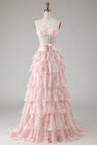 Strapless Pink Floral Corset A-Line Prom Dress With Ruffles