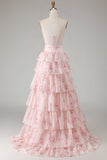 Strapless Pink Floral Corset A-Line Prom Dress With Ruffles