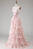 Strapless Pink Floral Corset A-Line Prom Dress With Ruffles