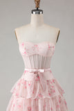 Strapless Pink Floral Corset A-Line Prom Dress With Ruffles