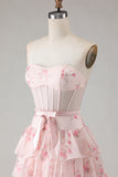 Strapless Pink Floral Corset A-Line Prom Dress With Ruffles