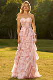 Strapless Pink Red Floral Corset Tiered Maxi Prom Dress