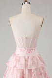 Strapless Pink Floral Corset A-Line Prom Dress With Ruffles