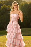 Strapless Pink Red Floral Corset Tiered Maxi Prom Dress