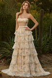 Strapless Pink Red Floral Corset Tiered Maxi Prom Dress